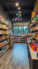 Fototapeta premium A vibrant store interior filled with colorful products on shelves, showcasing a lively shopping experience.