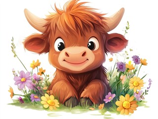 Cheerful baby Highland cow in cartoon style, smiling and surrounded by flowers on a clean white background