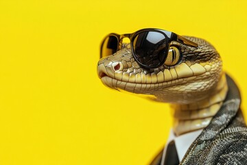 Fototapeta premium Stylish snake in suit and sunglasses on yellow background