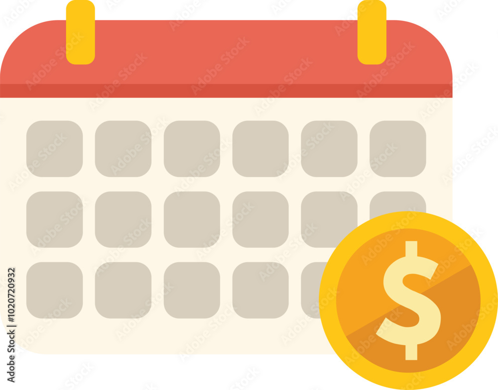 Poster calendar icon showing scheduled payment day with dollar coin representing a recurring subscription o