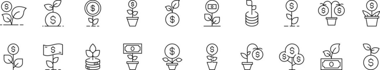 Money Tree Related Image Collection. Editable Stroke. Perfect for Infographics, Articles, Books, Flyers, Banners