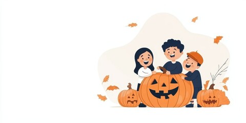 Fototapeta premium Children joyfully carving a pumpkin together, celebrating the festive spirit of Halloween with laughter and creativity.