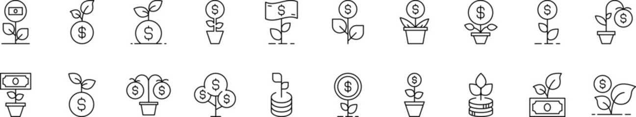 Money Tree Line Icon Collection. Editable Stroke. Perfect for Infographics, Articles, Books, Flyers, Banners