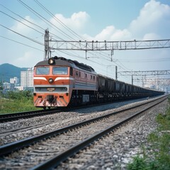 Obraz premium Powerful freight train on railway tracks