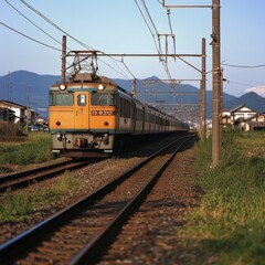 Fototapeta premium vintage electric train on railway tracks in countryside