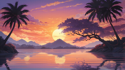Tropical Sunset Landscape: Serene Palm Trees and Vibrant Mountain Reflections in Tranquil Waters