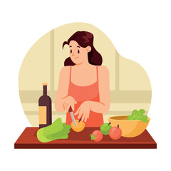 Woman Cooking Vegetable Salad at Home Vector Illustration