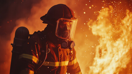 A firefighter battling fierce flames in a dramatic scene, showcasing bravery and resilience amidst the intense heat and smoke.