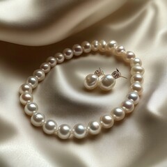 Obraz premium Elegant White Pearl Necklace and Earrings on Satin Fabric