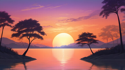Serene Sunset Landscape: Peaceful Evening Colorful Sky with Tree Silhouette Reflected on Tranquil Water