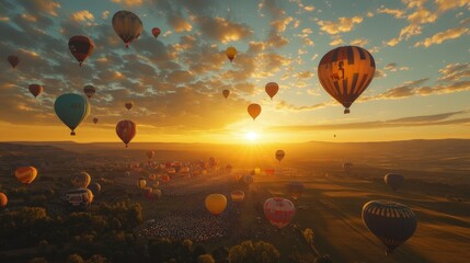 Naklejka premium Breathtaking sunset over hot air balloons