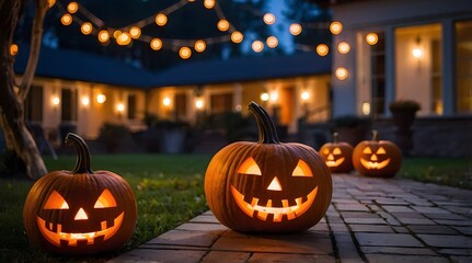 Fototapeta premium A Luxury House with a Halloween Theme, Decorated Halloween Pumpkins
