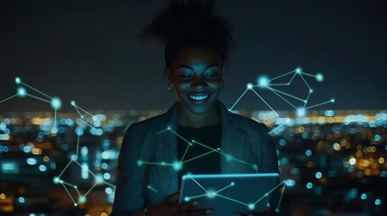 A Smiling African American Woman uses a tablet with glowing connection lines and data flow to explore the digital business, interaction, and connecting through social platforms and the web.	