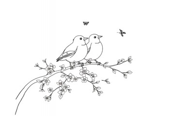 Fototapeta premium Two Birds Perched on Branch with Blossoms and Butterflies Spring Illustration