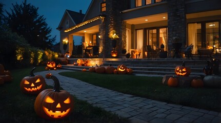 A Luxury House with a Halloween Theme, Decorated Halloween Pumpkins