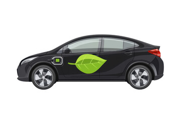 Fototapeta premium Illustration of a black electric car with a green leaf symbol, representing eco-friendly transportation and sustainable technology.