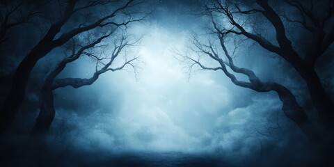 Eerie forest scene with fog and silhouetted trees, creating a mysterious and enchanting atmosphere for artistic projects.