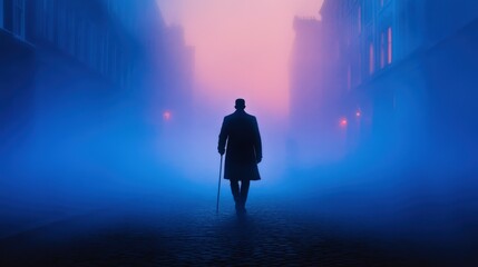 Fototapeta premium silhouette of a man walking in a mysterious fog
