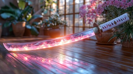 Futuristic Neon Sword with Reflection on Table