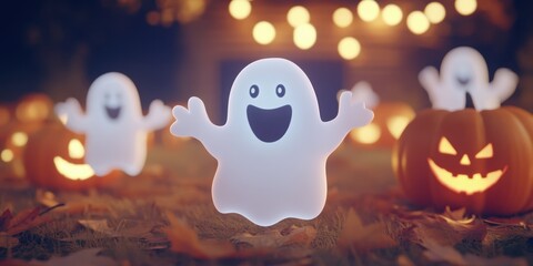 Festive ghost decorations surrounded by carved pumpkins and glowing lights create a cheerful Halloween atmosphere.