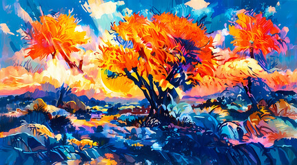 Vivid Abstract Art: Vibrant Autumn Sky and Trees Landscape with Intense Sunset Hues