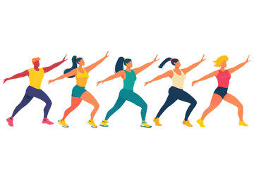 Colorful vector illustration of group exercise class with diverse people in lively poses symbolizing health and fitness.