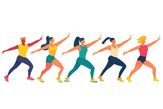 Colorful vector illustration of group exercise class with diverse people in lively poses symbolizing health and fitness.