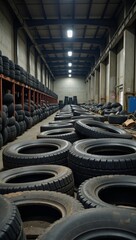 Obraz premium Piles of car tires at an industrial waste management facility highlight recycling practices and tire manufacturing technology