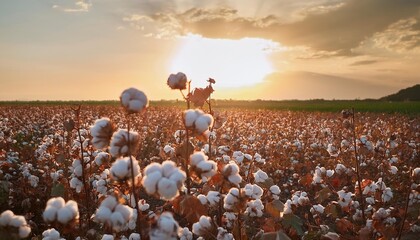blooming cotton field evaluates crop before harvest under a golden sunset slow motion