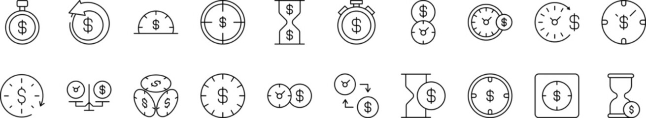 Dollar and Money Outline Sign Collection. Editable Stroke. Perfect for Infographics, Articles, Books, Flyers, Banners