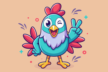 Cartoon chicken characters with expressive, funny emotions, hand-drawn style, each showing different gestures like peace signs, whispering, and shouting, vibrant color scheme, soft pastel background