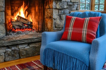 Blue Armchair with Red Plaid Pillow near a Stone Fireplace