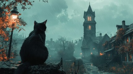 A mysterious cat silhouettes against a foggy town, featuring a clock tower surrounded by spooky trees and glowing lamps, creating an eerie nighttime ambiance.