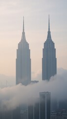 Obraz premium Dreamy morning fog enshrouds a city of towering buildings with delicate soft pastels and contrasts the clean architectural outlines