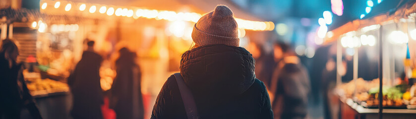 person wearing beanie stands in vibrant market filled with lights and activity, enjoying lively atmosphere. scene captures essence of bustling evening
