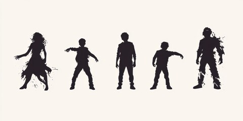 Obraz premium Silhouetted figures of children in varying poses, showcasing movement and creativity against a light background.