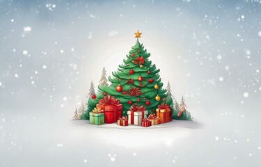 A decorated Christmas tree with presents underneath on a snowy background.