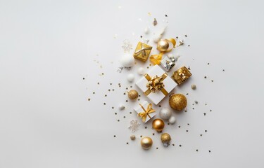 White background with gold and white decorations scattered around.