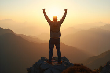 Fototapeta premium A man with his arms raised on top of a mountain