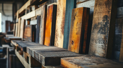 Obraz premium Several wooden planks lined up, freshly stained and drying in a workshop