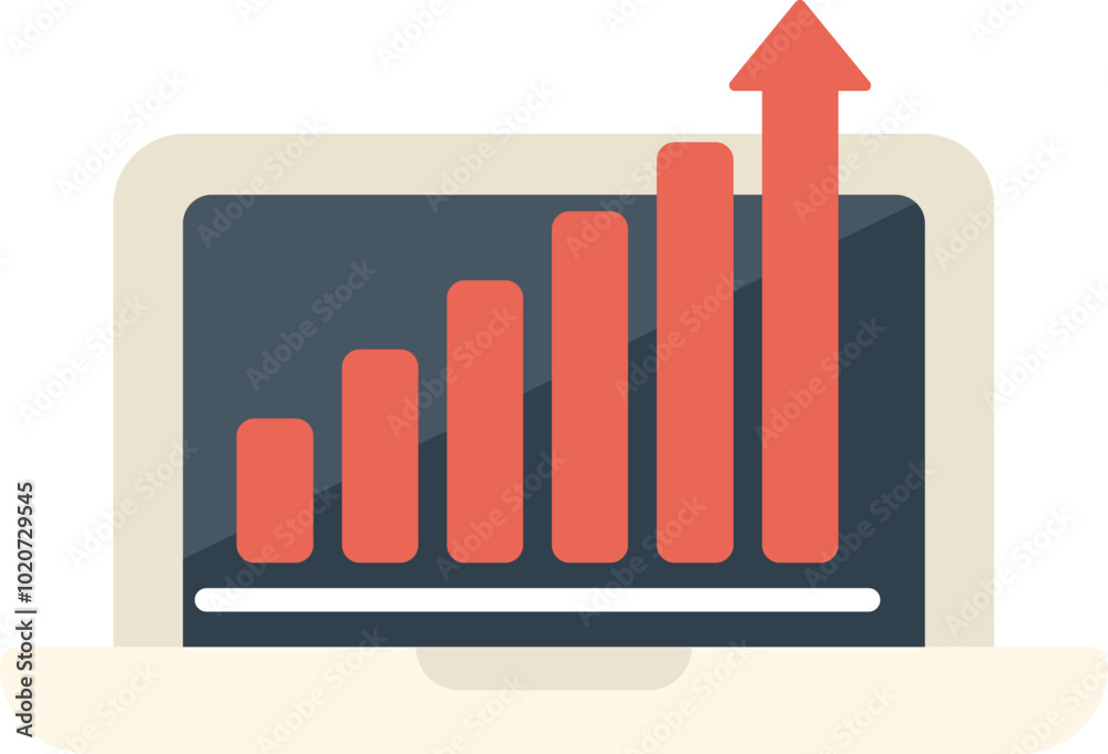 Wall mural laptop is showing positive results with a growing bar chart and a red arrow pointing up