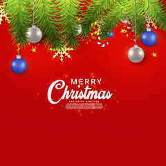 Merry Christmas red gradient background design with Christmas ball, snow, and light effects. Realistic Christmas invite card design with a gift box and red color. Christmas holiday background. 