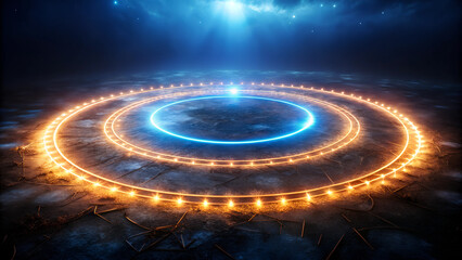 Magical glowing circle with swirling lights in a mystical dark atmosphere
