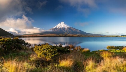 taranaki volcano landscape over lake mangamahoe new zealand