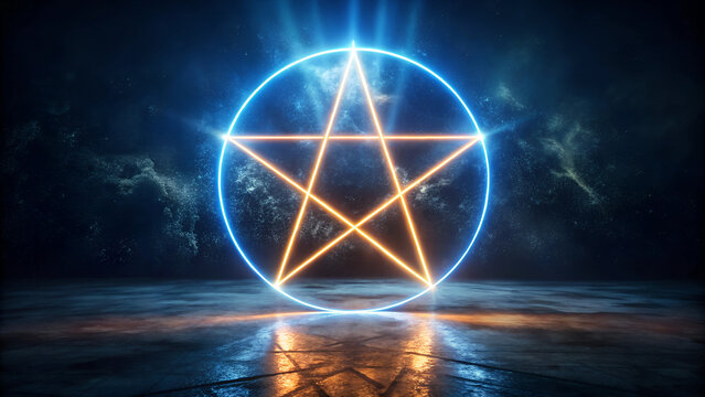 Magical glowing pentagram symbol surrounded by neon light in a mystical setting
