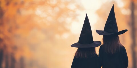 Two girls wear witch hats in an autumn setting, embodying the enchanting spirit of Halloween with warm hues and a magical atmosphere.