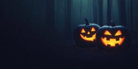 Two glowing Halloween pumpkins with spooky faces amidst a dark forest backdrop, perfect for autumn or Halloween decorations.