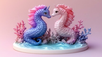 Fototapeta premium Cute Pink and Blue Seahorse Figurines