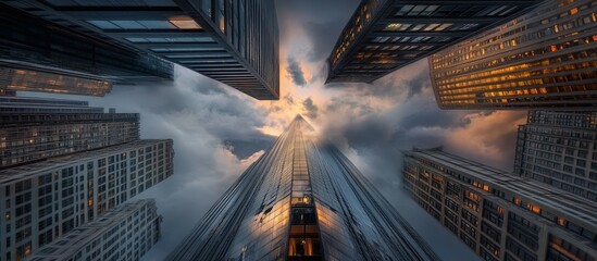 Dramatic cityscape with towering skyscrapers and dramatic sky