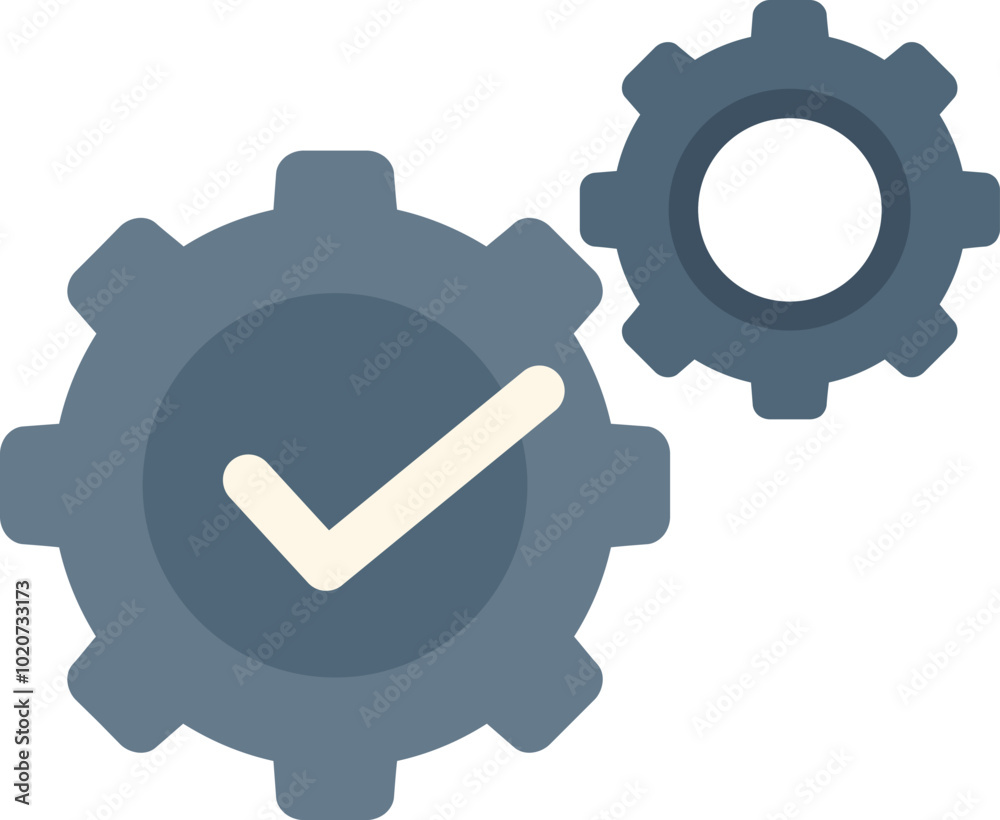 Poster two gears with a checkmark symbol representing a successfully working process, mechanism or workflow